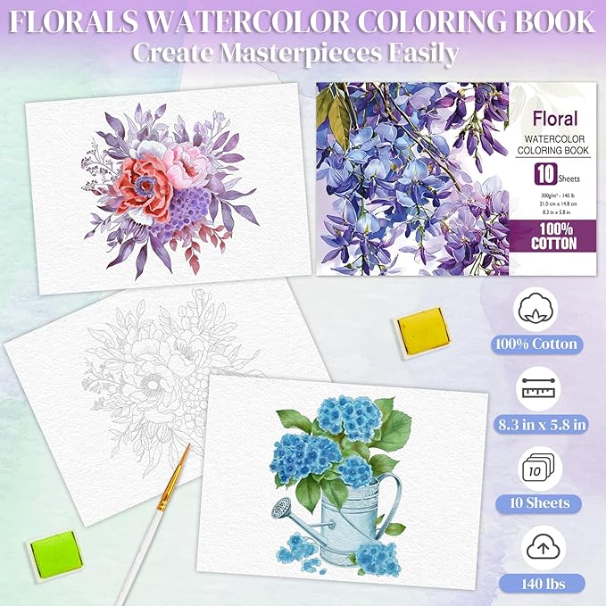 Vashly Watercolor Coloring Book Kit for Adults - Complete 24-Color Paint Set with Brush, 8.3"x5.8" Premium 100% Cotton Paper Pad, Beginner-Friendly Floral Art Therapy & Stress Relief Workbook