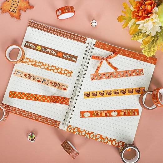 Whaline 12 Rolls Fall Thanksgiving Washi Tapes Assorted Autumn Pattern Decorative Tapes Pumpkin Turkey Dots Masking Tapes for Fall Thanksgiving Scrapbook Journal DIY Craft Gift Wrapping, 0.6Inch