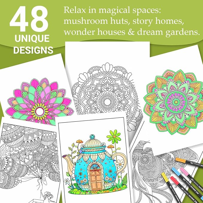 Adult Coloring Book for Women Relaxation, Spiral Bound Mindfulness Coloring Book with 36 Colors Markers for Adult, Anxiety Relief Gifts with 48 Pictures (Mandala & Animal Flowers)