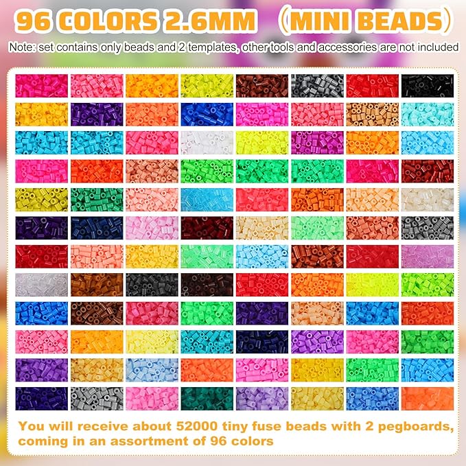 Lenwen 52000 Pcs Fuse Beads 96 Colors 2.6 mm Tiny Mini Fuse Beading Melty Beads with Pegboards Creative Refill Set Art Crafts for Girls Kids Beginners DIY Art Beading Party
