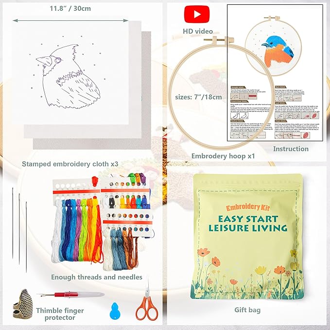 lx lermx embroidery kits for beginners, adult starter cross stitch kit needlepoint complete diy kit with unique patterns, hoop, colorful threads, tools, step by step instructions & video tutorial