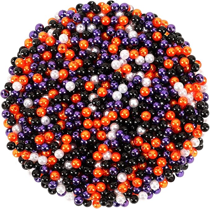 UPINS 1200Pcs Halloween Beads Round 6mm Black Purple Orange White Pearl Beads for Jewelry Making Halloween Mardi Gras Party Decoration Necklace Bracelets Hair Beads DIY Crafts (4 Colors)