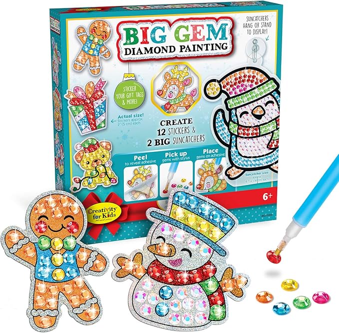 Creativity for Kids Holiday Big Gem Diamond Painting Kit | Create 12 Festive Stickers & 2 Suncatchers with 1000+ Colorful Gems | Fun for Parties, Gifts, Ornaments & Seasonal Décor (Ages 6+)