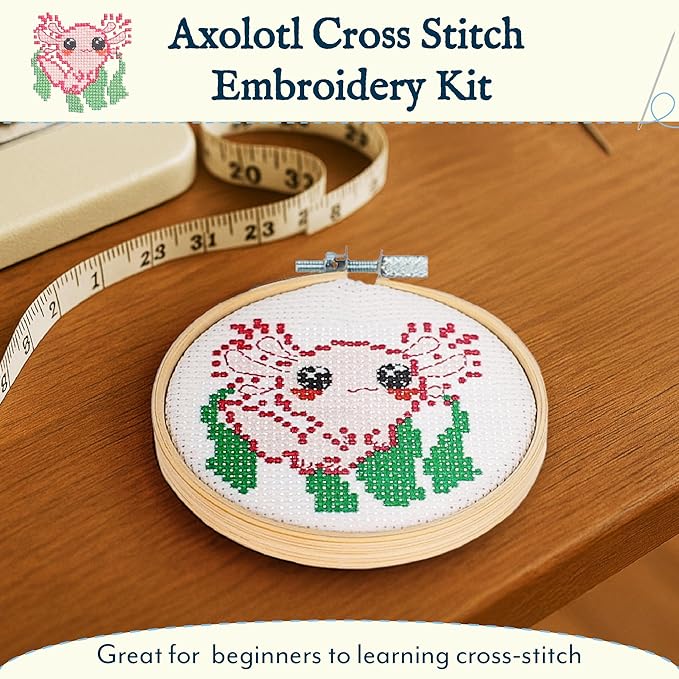 GAMAGO Axolotl Cross Stitch Embroidery Kit – DIY Needlework Craft Set with Hoop, Fabric, Floss & Instructions, Cute Beginner Embroidery Kit for Kids, Teens, & Adults