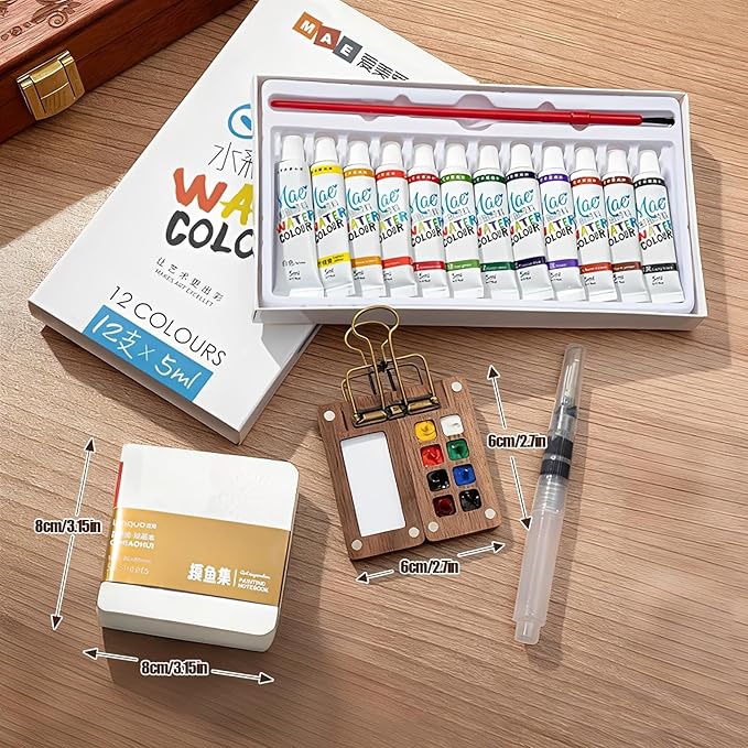 Joyzan Mini Watercolor Travel Paint Set, Portable Water Color Painting Pocket Kit Artist Watercolour 12 Colors 8 Grids Palette Binder Clips Sketchbook Pens Painter Beginner Sketchers Outdoor Student