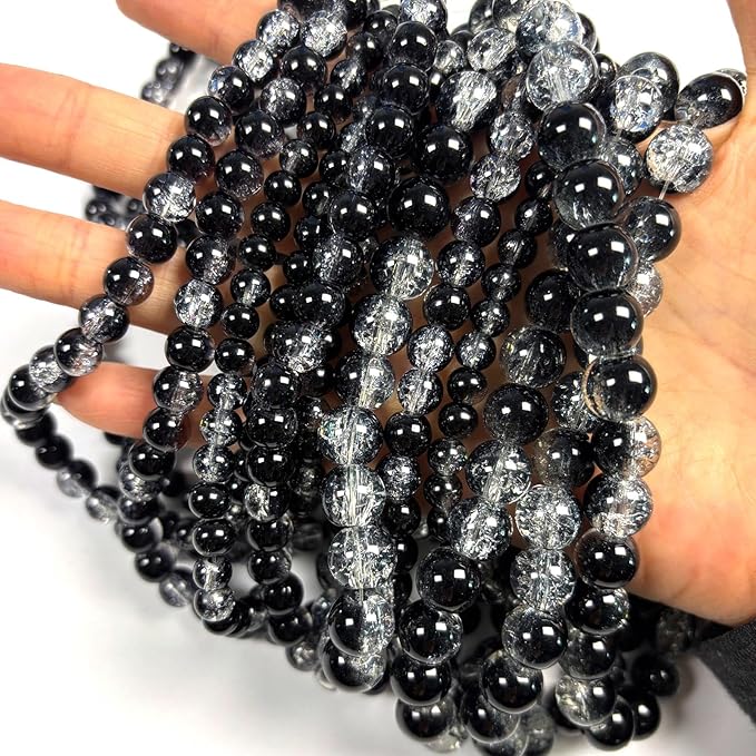 Glass Beads for Jewelry Making, 315Pcs Crackle Round 6/8/10mm Crystal Beads for Bracelet Craft Necklace Earring Making Wine Charms Wind Chimes, Black Color