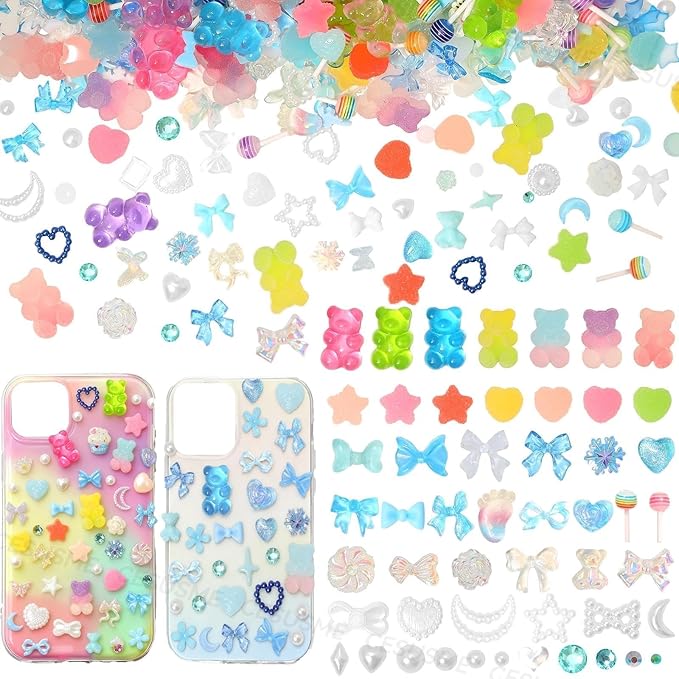 400 Pcs Candy Pearls Junk Phone Case Kit, Flower Bow Star Moon Pearls Case Phone Charms, Flatback Resin Rhinestones Cute Gummy Bear for Junk Cases Decor Accessories