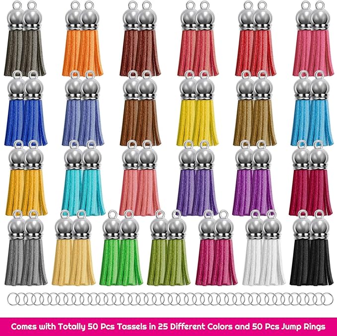 PAXCOO Tassels for Jewelry Making, 50pcs Leather Tassel Keychain Charms Bulk with 50pcs Jump Rings for Bracelets, Acrylic Key Chain Blanks and Craft Supplies