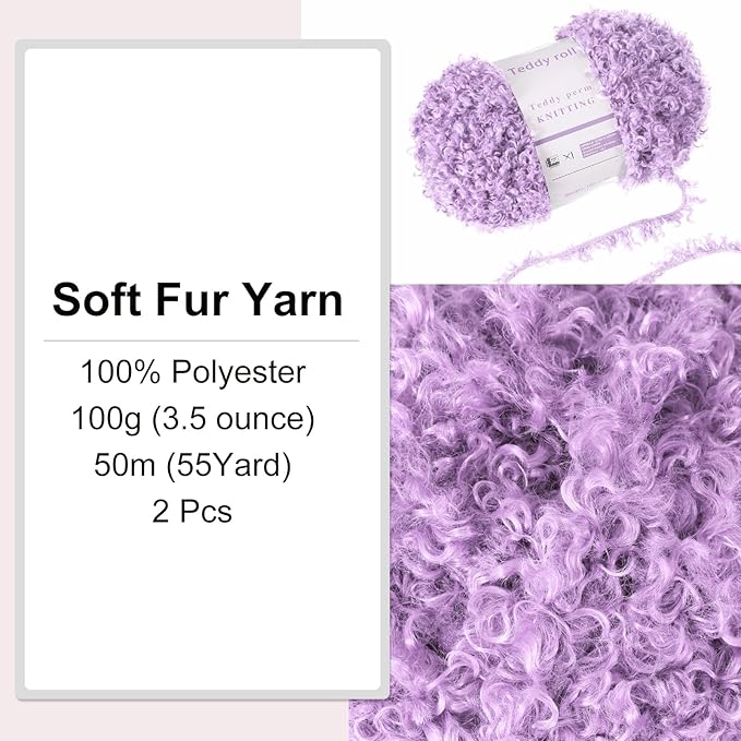 MECCANIXITY 2 Skeins Fur Yarn Soft Fluffy Chunky Yarn Fuzzy Eyelash Yarn Light Purple for Crocheting Knit Clothes Bag - 55Yard/50m, 3.21ozx2