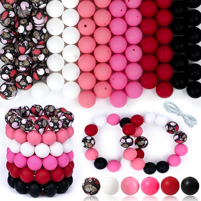 120 Pcs Silicone Beads for Keychain Making 15mm Bracelets Red Black White Mixed 6 Colors Silicone Round Beads Bulk for Crafts Beadable Pens