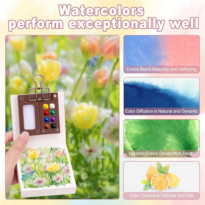 Mini Watercolor Paint Set, Mini Paint Palette Travel Kit, Pocket Artist Watercolor Travel Set Colors, Sketchbook, Brush, Metal Clip, for Beginners, Artists, Enthusiasts (8 Grids, 12 Colors)