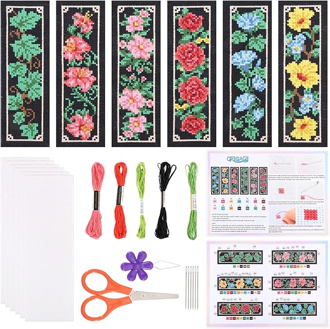 ORIGACH 6 Set Floral and Vine Cross Stitch Bookmark Kit for Beginner with Backing Felt Floss Instructions DIY Stamped Embroidery Bookmark Kit for Adults, Book Lovers