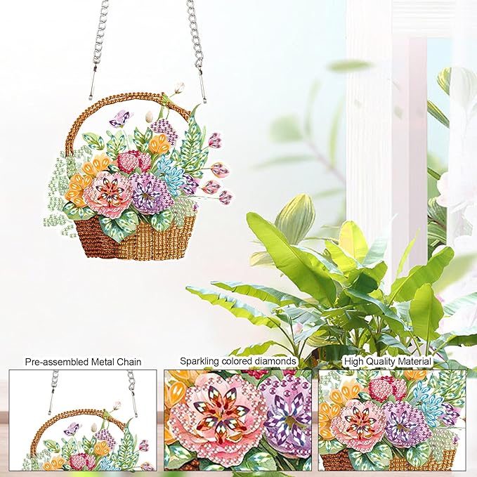 Flowers Basket Diamond Art Hanging, 5D DIY Diamond Painting Ornament, Creative Handmade Acrylic Pendant, Mosaic Making Kit by Number, Home Decoration, Valentine’s Day Gift