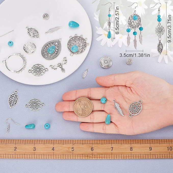 SUNNYCLUE 1 Box DIY 10 Pairs Vintage Style Chandelier Charms Hollow Leaf Charm Earring Making Kit Synthetic Turquoise Beads Feather Charms for Jewelry Making Flower Shape Teardrop Charm Adult Craft