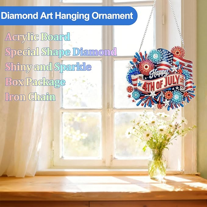 CEOVR Independence Day Hanging Diamond Art for Adults, 4th of July American Flag Diamond Painting Pendant DIY Gem Art Wall Hanging Ornament, Acrylic Home Garden Decor with Chain, Box Kit 7.79×7.3inch