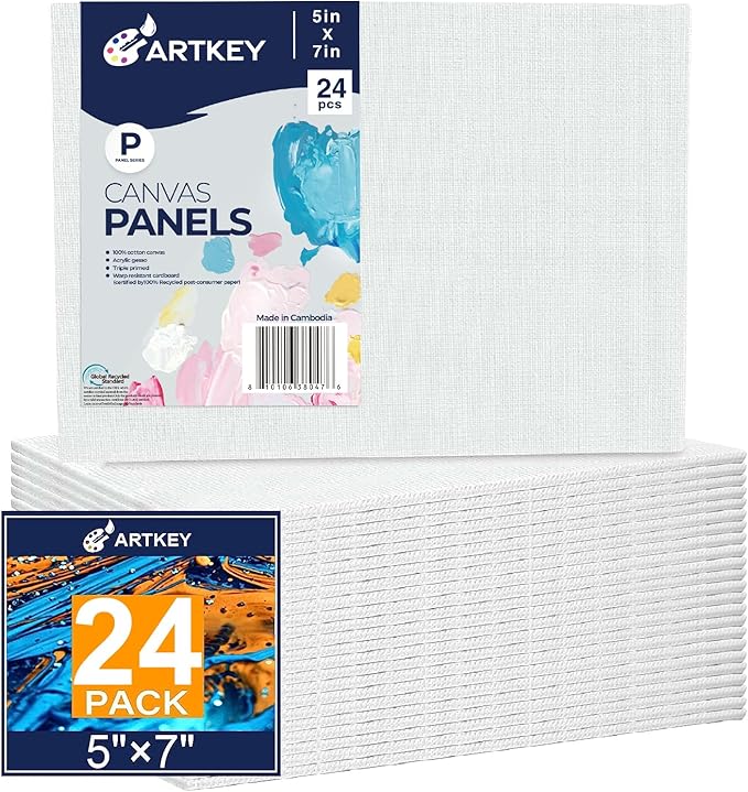 Artkey Canvas Boards 5x7 Inch 24-Pack, 10 oz Primed 100% Cotton White Blank Canvases for Painting, Art Paint Canvas Panels for Acrylic Oil Watercolor Tempera Paints