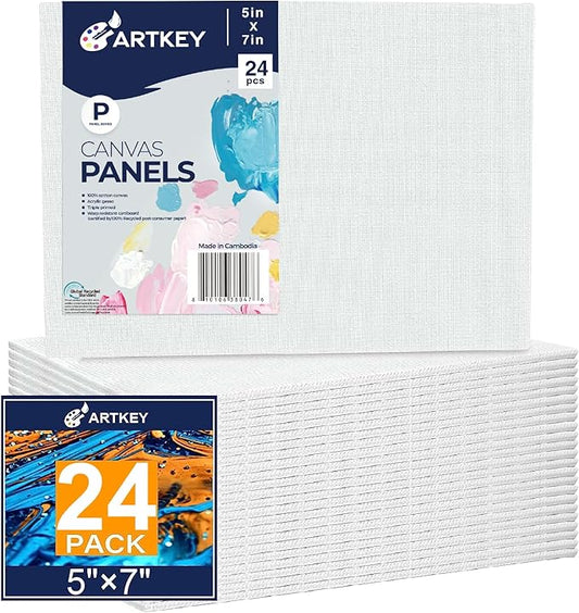 Artkey Canvas Boards 5x7 Inch 24-Pack, 10 oz Primed 100% Cotton White Blank Canvases for Painting, Art Paint Canvas Panels for Acrylic Oil Watercolor Tempera Paints