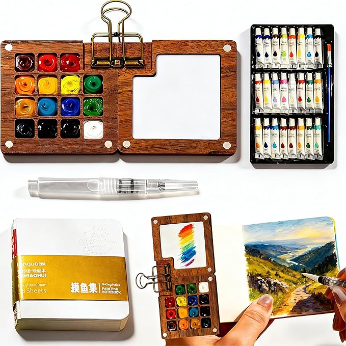Mini Watercolor Paint Set,24 color Paints, 15 Grids Portable Wooden Travel Palette, Sketchbook & Copper Clip, Metal Clip –For Beginners, Artists & Painting Enthusiasts