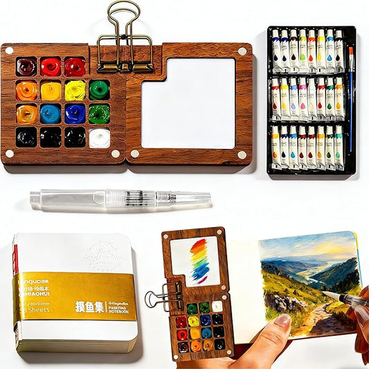 Mini Watercolor Paint Set,24 color Paints, 15 Grids Portable Wooden Travel Palette, Sketchbook & Copper Clip, Metal Clip –For Beginners, Artists & Painting Enthusiasts
