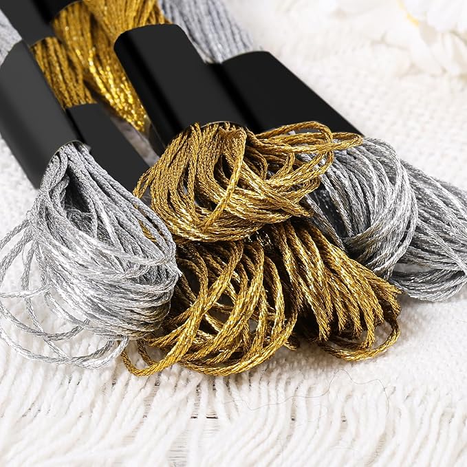 6 Skeins Embroidery Threads, Metallic Embroidery Floss Friendship Bracelet Cross Stitch Thread for Sewing Making Yarn Accessories Craft String Art Supplies (Gold + Silver)