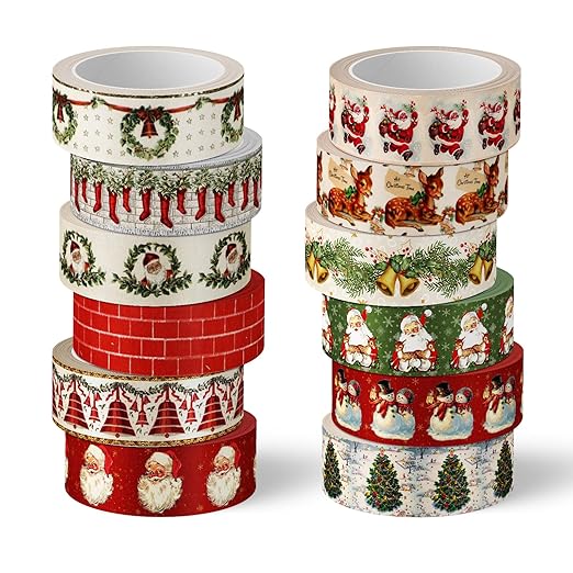 Whaline 12 Rolls Christmas Vintage Washi Tape Santa Claus Snowman Xmas Tree Bell Washi Tape Masking Decorative Party Gift Paper Tape for DIY Craft Scrapbook Decor Party Favor Supplies