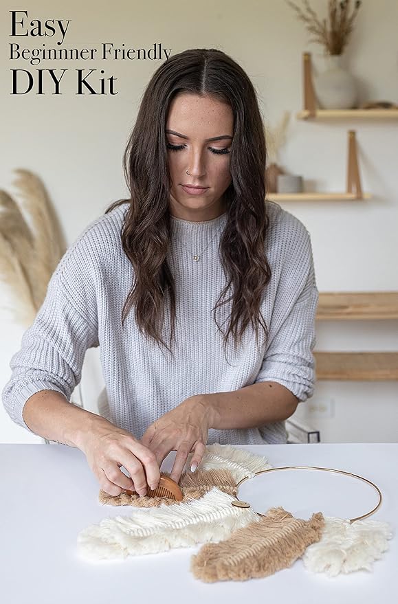 DIY Macrame Kit, Feather Dream Catcher Wall Hanging Kits for Teens & Adult Beginners, Craft Supplies for Boho Art Project-Macrame Cord, Gold Hoop, Accessories & Instructions (Khaki)