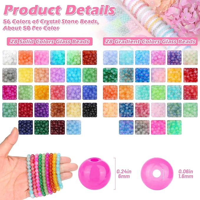 shynek 2800 6mm Glass Beads for Bracelets, 56 Colors Crystal Beads for Jewelry Making, Bracelet Making and DIY Crafts(28 Solid Colors and 28 Mermaid Colors)