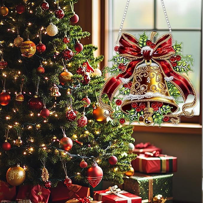 SENQAO Christmas Bell Diamond Art Hanging Kits for Adults Kids, Christmas Diamond Art Suncatchers, 5D Special Shape Diamond Painting Pendant Window Ornament Gifts for Home Garden Door Wall Decor