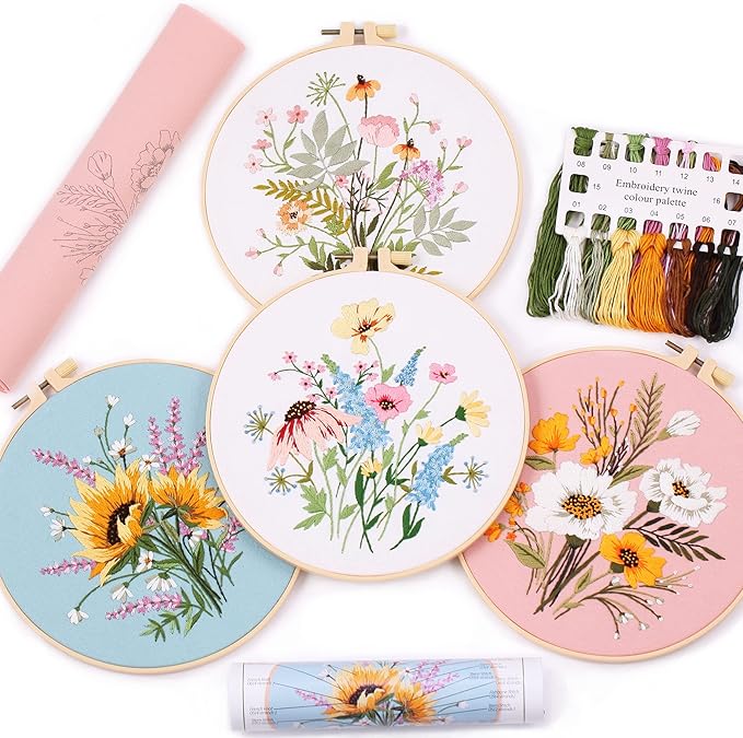 4pcs embroidery kits for beginners, including printed embroidery cloth with flower patterns, 2 plastic embroidery rings, 1 pair of scissors, colored threads, needles and an embroidery instructions