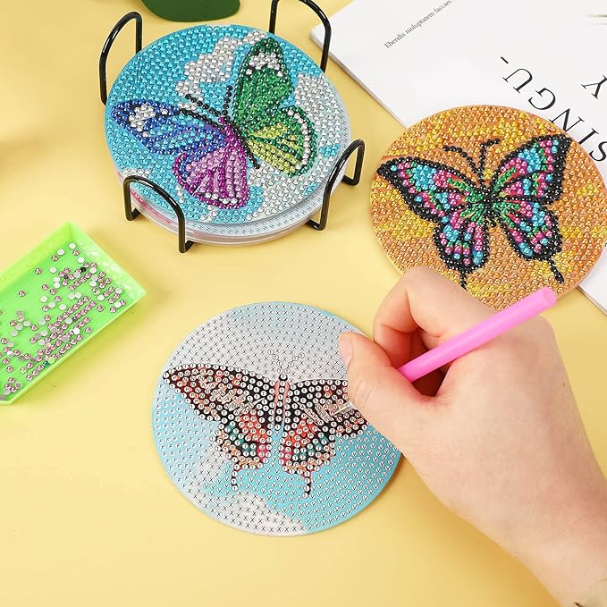 UPINS 8Pcs Diamond Art Painting Coasters for Drinks DIY Life Coaster Diamond Art Kits for Adults Kids Beginners Diamond Art Craft Supplies (Butterfly)