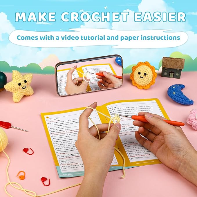 UzecPk 7Pcs Crochet Kit for Beginners, Crochet Kit for Adults Learn to Crochet Kits with Crochets Stuffing, Step-by-Step Instruction, and Video Tutorials