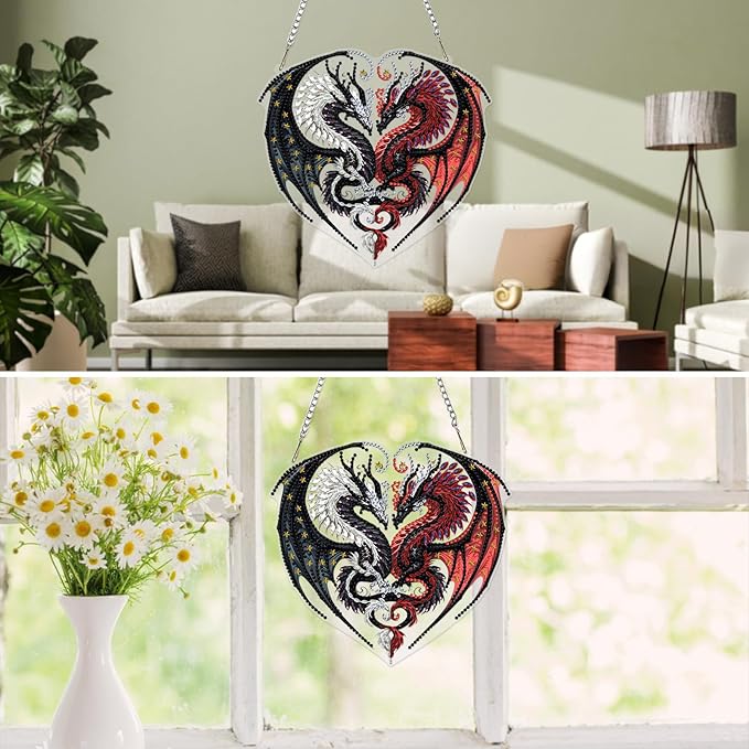 MXJSUA Two Dragons Diamond Painting Art Window Suncatchers, Diamond Art Kits for Adults Hanging Ornaments with Chain, 5D Special Shape Crystal Diamond Pendant Accessories for Decor Gift 8x8 Inch