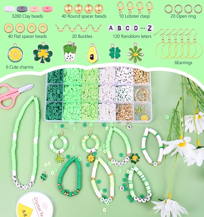Wuollgess 3500 PCS Green Clay Beads for Bracelet Making Kit, Polymer Heishi Beads for Jewelry Making, Friendship Bracelet Kit for Adults, Spacer Letter Beads for Necklace Earring DIY