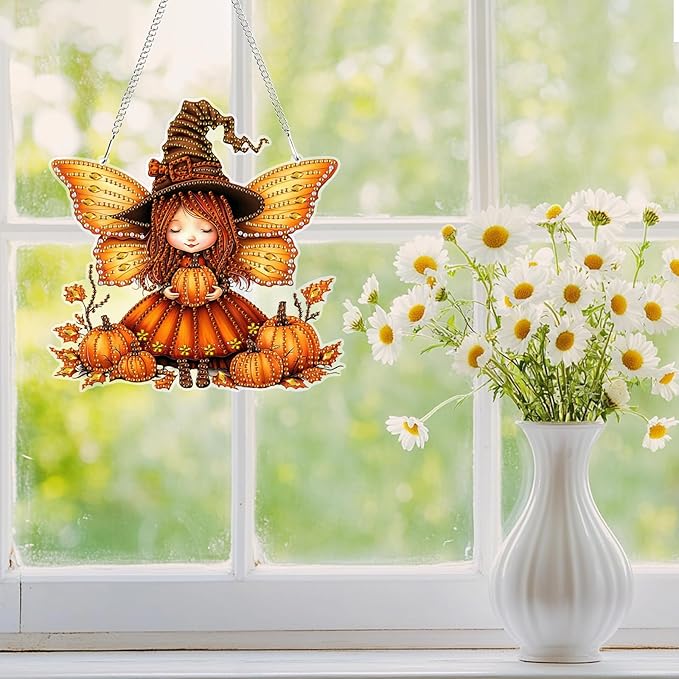 Genius maker Halloween Diamond Art Hanging Kits for Adults, Fall Pumpkins Fairy Special Shaped Diamond Painting Kit, Acrylic 5D Crystal Diamonds Gem Art Painting Hanging Ornament for Home Wall Decor