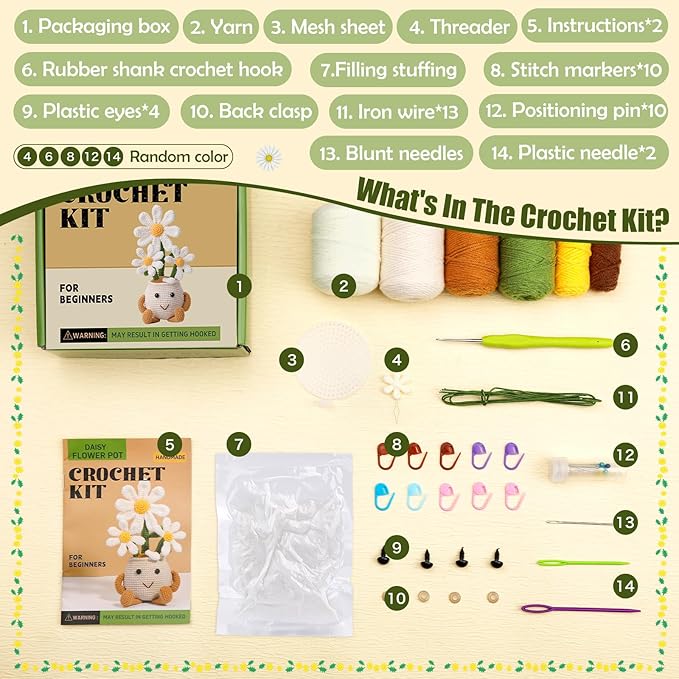 Nitlak Crochet Kit for Beginners, Daisy Potted Beginner Crochet Kit for Adults Women Men, Crochet Starters Kit with Step-by-Step Video Tutorials, Complete Crochet Accessories for DIY Craft