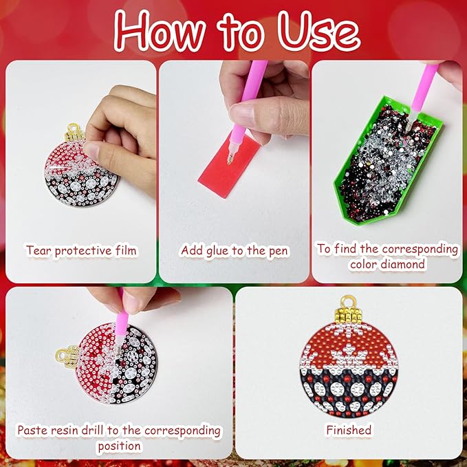 Cinrobiye 12 Pieces Christmas Diamond Painting Keychains Kits with Tools Christmas Ball Diamond Art Hanging Ornaments DIY Xmas Refrigerator Decor Craft Kits for Holiday Party (Ball1)