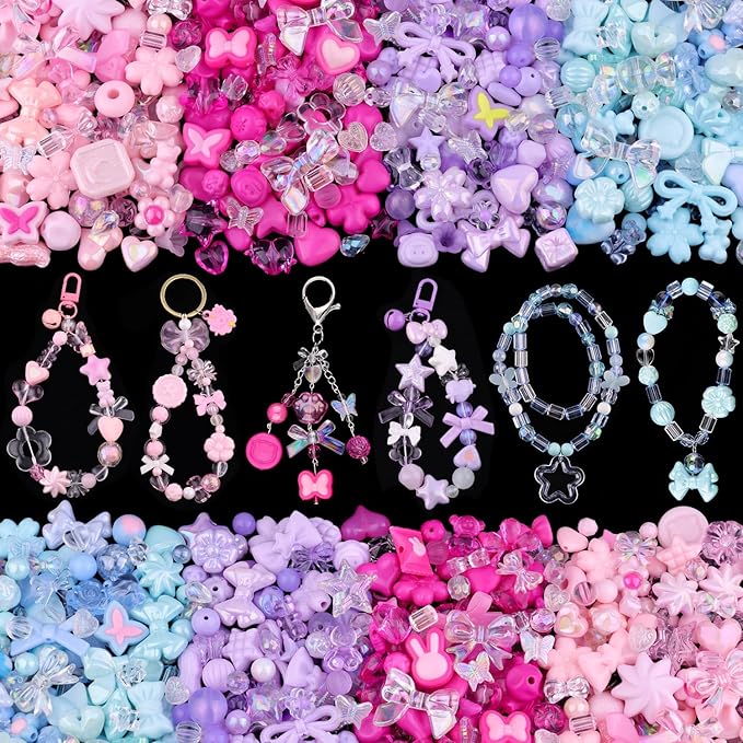 210-270PCS TINKRSTUFF Assorted Acrylic Beads,4 Mixed Colors Cute Beads for Bracelet Making, Bow Flower GummyBear Kawaii Charms, Aesthetic Bead for Necklace Keychain Jewelry Making DIY Phone Charm