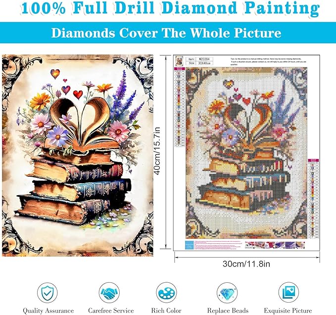 Meothan 5D Diamond Painting Kits for Adults Book Flowers Diamond Art Kits for Adoults, DIY Full Round Paint with Diamond Art Dots Retro Gem Art Painting Crafts for Home Wall Decor 11.8x15.7inch