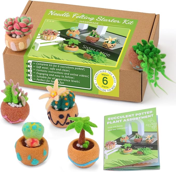 Yizzvb Needle Felting Kit, 6 Pcs Succulent Felting Kit for Beginner, Felting Kit, Needle Felting Tools Including Wool Roving, Foam Mat, Felting Needles and Instructions for DIY Felting Starters