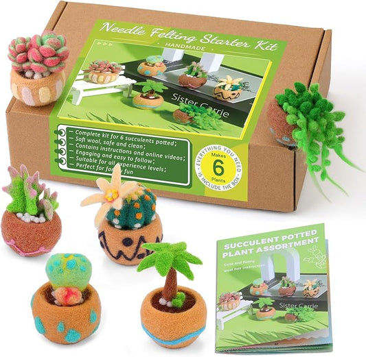 Yizzvb Needle Felting Kit, 6 Pcs Succulent Felting Kit for Beginner, Felting Kit, Needle Felting Tools Including Wool Roving, Foam Mat, Felting Needles and Instructions for DIY Felting Starters