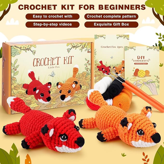 fortuning's jds crochet kit for beginners - 2 pcs fox crochet kits with step-by-step video tutorials, beginner crochet kit for adults, crochet animal kit, crochet fox set