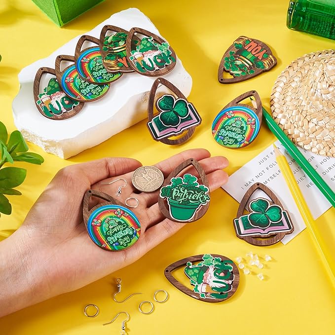 Beadthoven 10 Pairs DIY St Patrick’s Day Wood Dangle Earrings Making Starter Kit Green Shamrock Pendants Clover Hollow Teardrop Charms Ornaments Earring Hooks Jump Rings for Irish Jewelry Making Adult