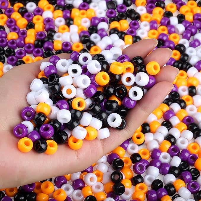 1000 Pcs Halloween Pony Beads, Colorful Beads for Bracelets Jewelry Making, Plastic Hair Bead for Braids for Craft, Gifts for Friend(Black, White, Orange, Purple)