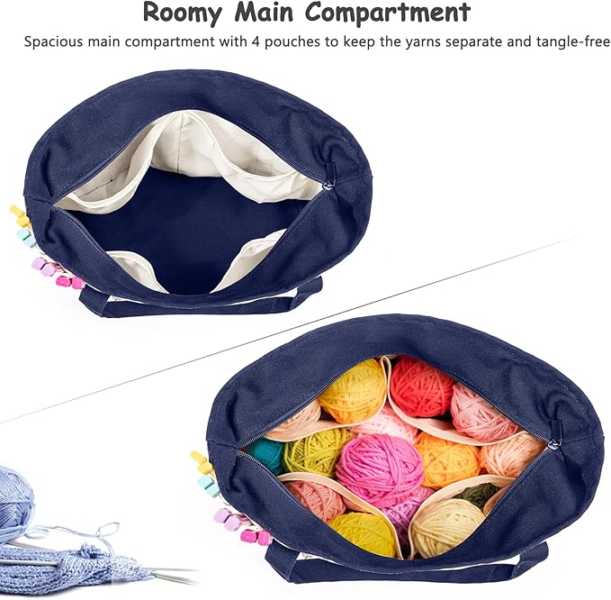 Canvas Yarn Storage Organizer Bag Washable Crochet Bag with Pockets for Yarn, Hooks, Needles – Travel Knitting Tote for Crafters – Gift for Crocheters & Knitters (Medium/Large)