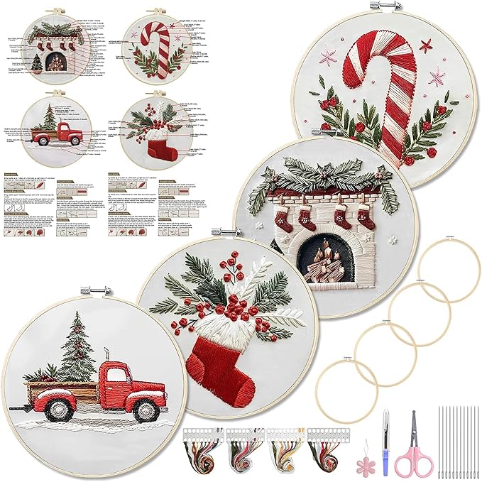 wkalxj 4 sets embroidery kits for beginners adults, cross stitch kits, needlepoint kits with instruction, video, needle point kits with candy fireplace stocking truck patterns (4 sets b)