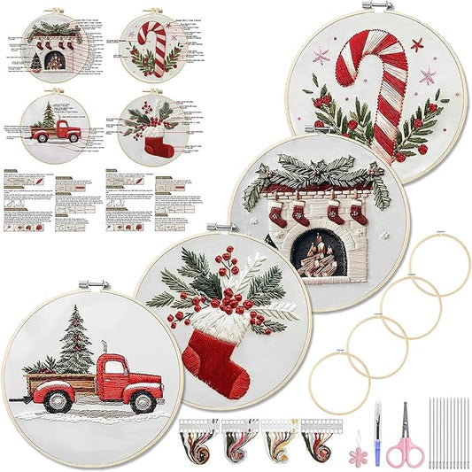 wkalxj 4 sets embroidery kits for beginners adults, cross stitch kits, needlepoint kits with instruction, video, needle point kits with candy fireplace stocking truck patterns (4 sets b)