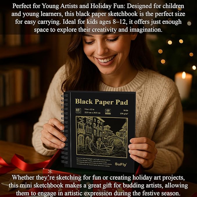 sufly black paper notebook, 60 sheets spiral bound sketch book 9x12, 90lb/150gsm black art paper for drawing and painting.