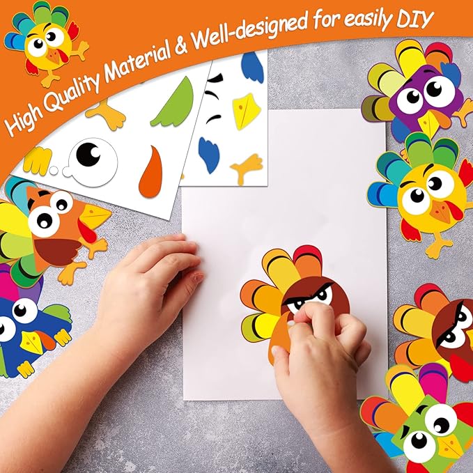 chiazllta 30Pcs Thanksgiving Craft Kits DIY Turkey Craft, Fall Art Craft Make Your Own Turkey Card Sticker Set for Home Game Activities