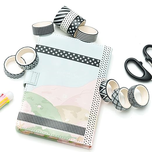Basic Washi Tape Set 10 Rolls Black White Decorative Dot & Grid Masking Tapes for Journals, Planners, Scrapbooking, Gift Wrapping, DIY Crafts