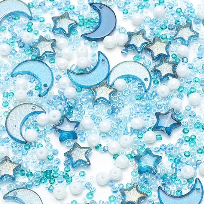Mixed Star Moon Crystal Glass Beads Seedbeads Loose Round Pearl Beads for Jewelry Making Craft Bracelets Necklaces Earrings DIY Crafts Projects Sky Blue Glass Spacer Bead Kits for Crafts
